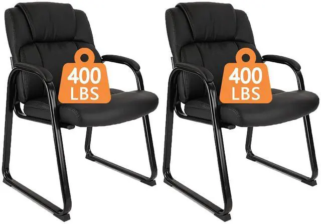 Main image of Heavy Duty Guest Chair with Padded Armrests and Sled Base, Executive Leather Soft Reception Chair 400lbs Capacity for Office Conference Waiting Meeting Room, Black (2 Pack)