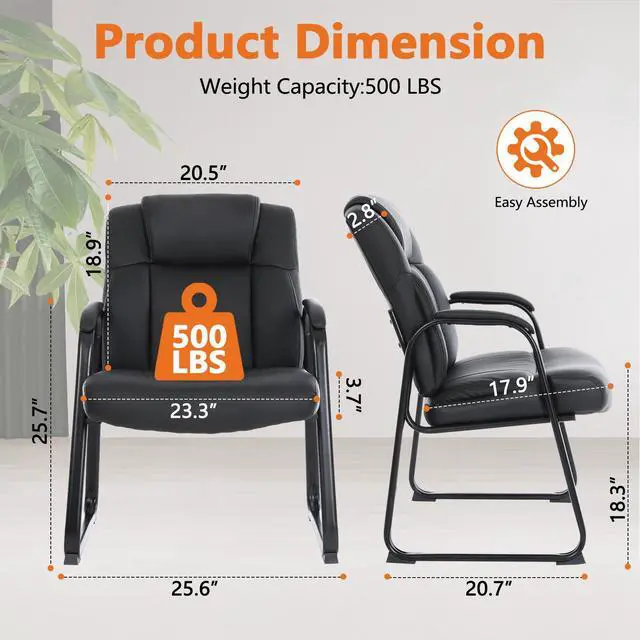 Alt view image 3 of 7 - Heavy Duty Guest Chair with Padded Armrests and Sled Base, Executive Leather Soft Reception Chair 400lbs Capacity for Office Conference Waiting Meeting Room, Black (2 Pack)