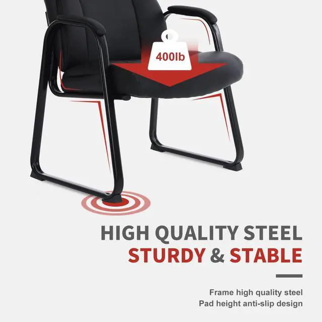 Alt view image 7 of 7 - Heavy Duty Guest Chair with Padded Armrests and Sled Base, Executive Leather Soft Reception Chair 400lbs Capacity for Office Conference Waiting Meeting Room, Black (2 Pack)