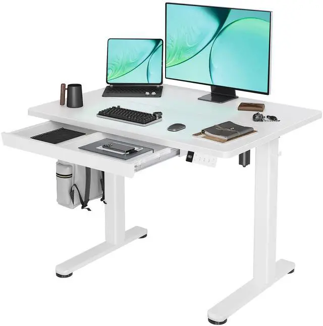 Main image of Electric Standing Desk with Drawer 40 Inch White | Sturdy steel frame supports 176 lbs, 28.35-46.46 inch height range, 3 preset buttons, 45 dB motor, 2 hooks