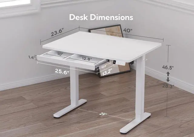 Alt view image 3 of 7 - Electric Standing Desk with Drawer 40 Inch White | Sturdy steel frame supports 176 lbs, 28.35-46.46 inch height range, 3 preset buttons, 45 dB motor, 2 hooks