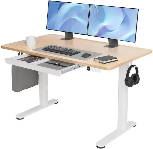Main image of Electric Standing Desk with Drawers 48 x 24 Inch Natural | Sturdy steel frame supports 176 Lbs, Waterproof desktop with wire holes, 25.6 x 11.8 Inch plastic drawer fits 14 Inch laptop