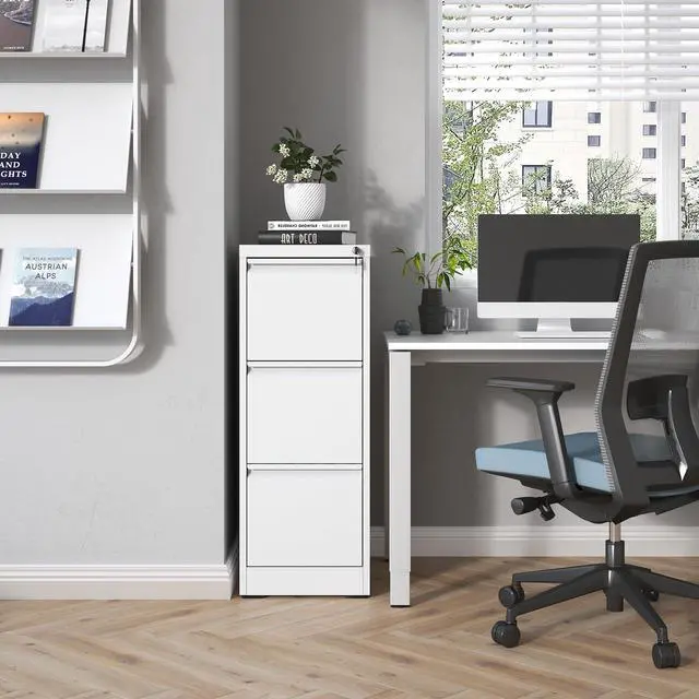 Alt view image 2 of 7 - 3 Drawers Vertical File Cabinet, Metal Filing Cabinets, White | Lockable File Cabinet for Home Office, Suitable for Storing Legal/Letter Size Hanging File Folders, Anti-Tipping