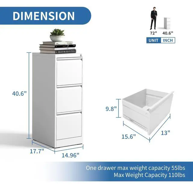 Alt view image 3 of 7 - 3 Drawers Vertical File Cabinet, Metal Filing Cabinets, White | Lockable File Cabinet for Home Office, Suitable for Storing Legal/Letter Size Hanging File Folders, Anti-Tipping