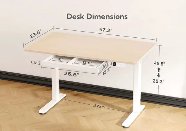 Alt view image 3 of 7 - Electric Standing Desk with Drawers 48 x 24 Inch Natural | Sturdy steel frame supports 176 Lbs, Waterproof desktop with wire holes, 25.6 x 11.8 Inch plastic drawer fits 14 Inch laptop