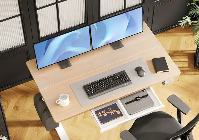 Alt view image 4 of 7 - Electric Standing Desk with Drawers 48 x 24 Inch Natural | Sturdy steel frame supports 176 Lbs, Waterproof desktop with wire holes, 25.6 x 11.8 Inch plastic drawer fits 14 Inch laptop