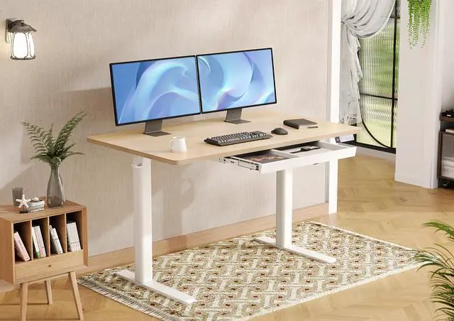 Alt view image 7 of 7 - Electric Standing Desk with Drawers 48 x 24 Inch Natural | Sturdy steel frame supports 176 Lbs, Waterproof desktop with wire holes, 25.6 x 11.8 Inch plastic drawer fits 14 Inch laptop
