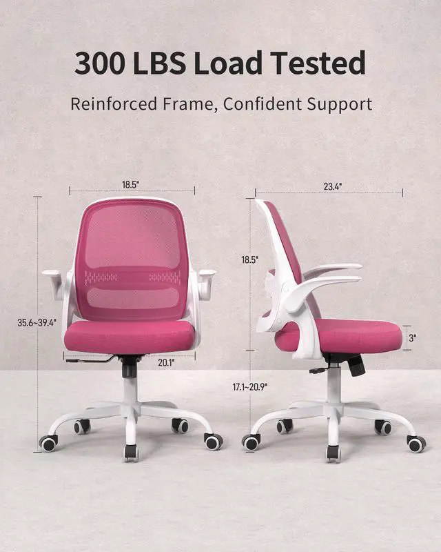 Alt view image 2 of 7 - Ergonomic Mesh Office Chair with Flip-Up Arms, Adjustable Height, Breathable Mesh Back & Thick Cushion Seat, 360° Swivel Rolling Computer Desk Chair, BIFMA Certified, Supports 300 lbsPink