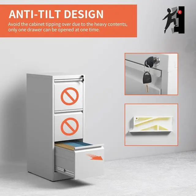 Alt view image 5 of 7 - 3 Drawers Vertical File Cabinet, Metal Filing Cabinets, White | Lockable File Cabinet for Home Office, Suitable for Storing Legal/Letter Size Hanging File Folders, Anti-Tipping