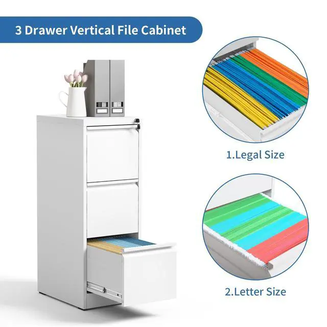 Alt view image 6 of 7 - 3 Drawers Vertical File Cabinet, Metal Filing Cabinets, White | Lockable File Cabinet for Home Office, Suitable for Storing Legal/Letter Size Hanging File Folders, Anti-Tipping