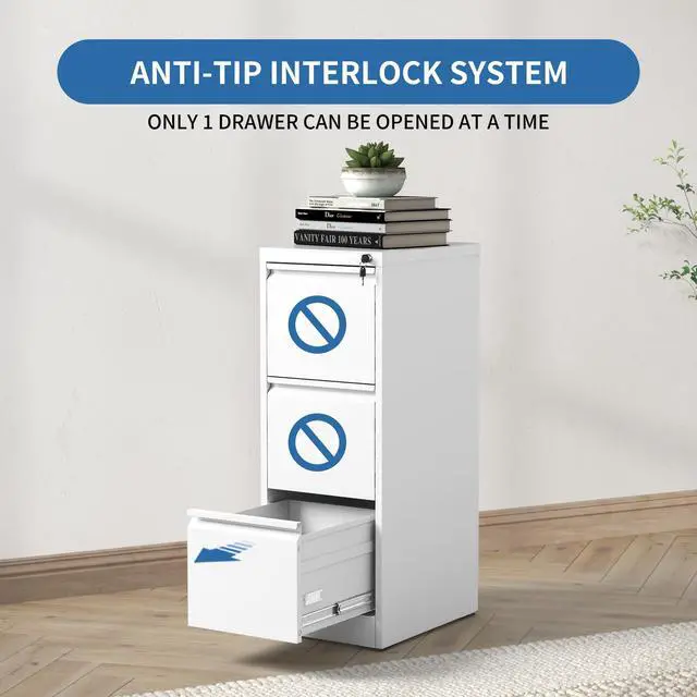 Alt view image 7 of 7 - 3 Drawers Vertical File Cabinet, Metal Filing Cabinets, White | Lockable File Cabinet for Home Office, Suitable for Storing Legal/Letter Size Hanging File Folders, Anti-Tipping