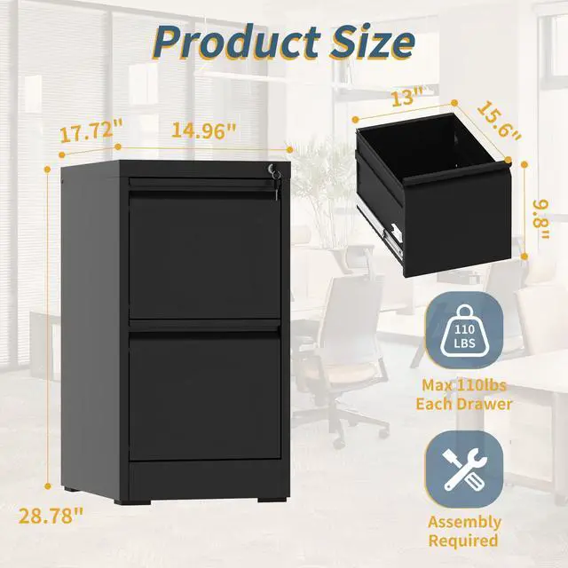 Alt view image 2 of 7 - 2 Drawer File Cabinet with Lock, Vertical Filing Cabinets for Home Office, Metal Storage Cabinets, Heavy Duty File Cabinet for Letter/Legal/A4/F4 Size Amsseble Required, Black