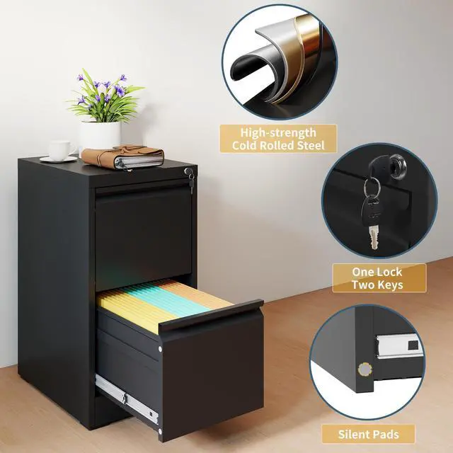 Alt view image 4 of 7 - 2 Drawer File Cabinet with Lock, Vertical Filing Cabinets for Home Office, Metal Storage Cabinets, Heavy Duty File Cabinet for Letter/Legal/A4/F4 Size Amsseble Required, Black