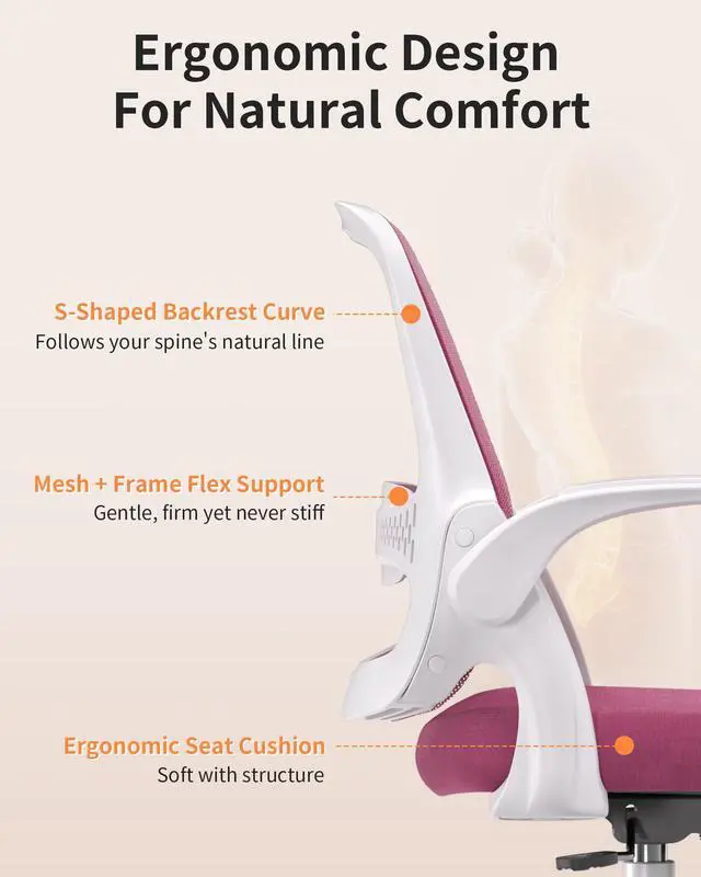 Alt view image 6 of 7 - Ergonomic Mesh Office Chair with Flip-Up Arms, Adjustable Height, Breathable Mesh Back & Thick Cushion Seat, 360° Swivel Rolling Computer Desk Chair, BIFMA Certified, Supports 300 lbsPink