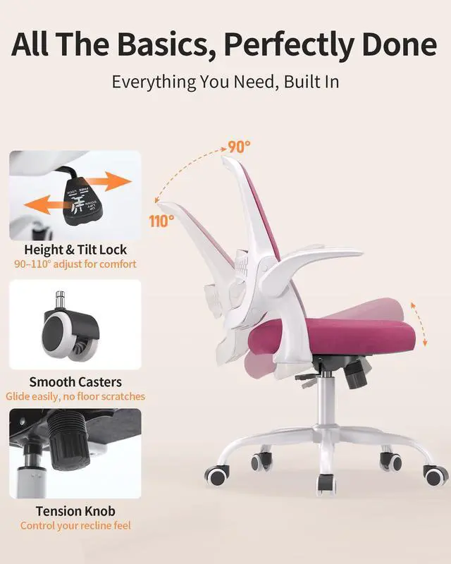 Alt view image 5 of 7 - Ergonomic Mesh Office Chair with Flip-Up Arms, Adjustable Height, Breathable Mesh Back & Thick Cushion Seat, 360° Swivel Rolling Computer Desk Chair, BIFMA Certified, Supports 300 lbsPink