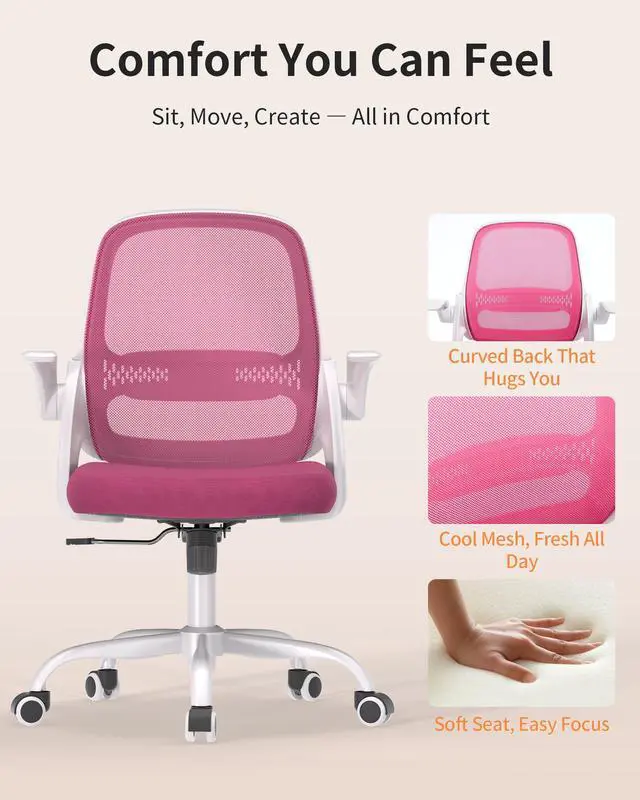 Alt view image 7 of 7 - Ergonomic Mesh Office Chair with Flip-Up Arms, Adjustable Height, Breathable Mesh Back & Thick Cushion Seat, 360° Swivel Rolling Computer Desk Chair, BIFMA Certified, Supports 300 lbsPink