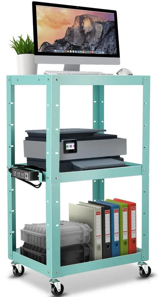 Main image of Adjustable AV Cart w/Power Strip, 4 ft Rolling Stand, Blue | 25*18*42", 3 Outlets, 2 USB Ports, 4' Cord, Fits Projector/TV/Laptop/Printer, 4 Wheels, Height-Adjustable, for Presentation