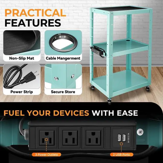 Alt view image 3 of 7 - Adjustable AV Cart w/Power Strip, 4 ft Rolling Stand, Blue | 25*18*42", 3 Outlets, 2 USB Ports, 4' Cord, Fits Projector/TV/Laptop/Printer, 4 Wheels, Height-Adjustable, for Presentation
