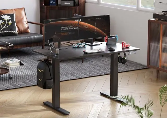 Alt view image 2 of 7 - Electric Standing Desk Adjustable Height, 40 x 24 Inch Sit Stand Desk with T-Shaped Frame, 3 Memory Presets & Cable Management for Home Office Computer Workstation, Black Frame/Black Top