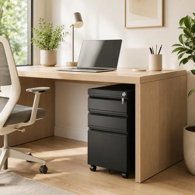 Alt view image 2 of 7 - 3 Drawer Mobile File Cabinet Fully Assembled, Black | 15"W x 17"D x 24"H, Vertical Locking Filing Cabinet, Steel Under Desk Storage, for Home Office, Fit Letter/Legal/A4