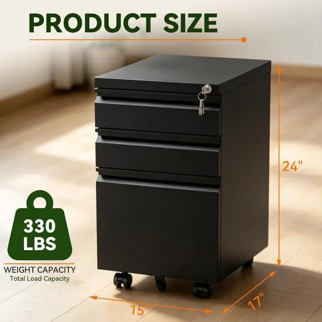 Alt view image 3 of 7 - 3 Drawer Mobile File Cabinet Fully Assembled, Black | 15"W x 17"D x 24"H, Vertical Locking Filing Cabinet, Steel Under Desk Storage, for Home Office, Fit Letter/Legal/A4
