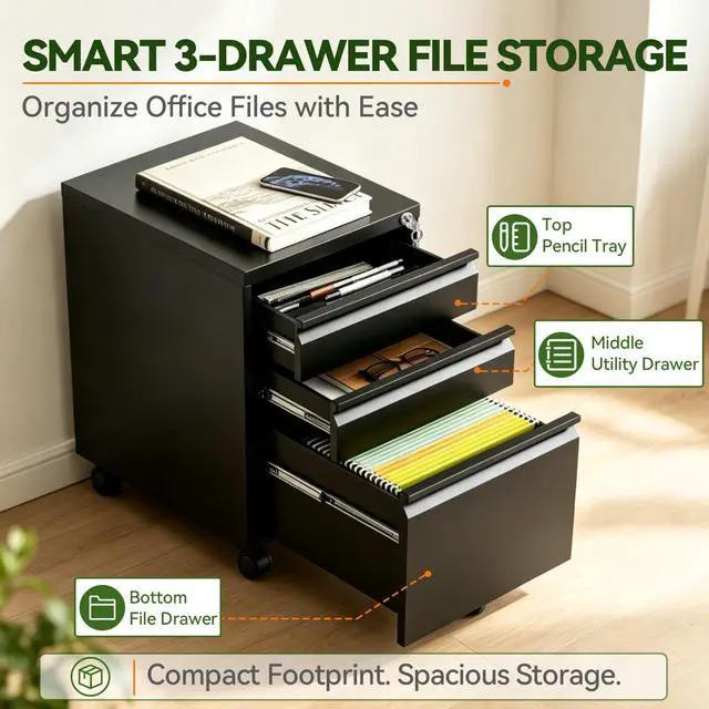 Alt view image 4 of 7 - 3 Drawer Mobile File Cabinet Fully Assembled, Black | 15"W x 17"D x 24"H, Vertical Locking Filing Cabinet, Steel Under Desk Storage, for Home Office, Fit Letter/Legal/A4