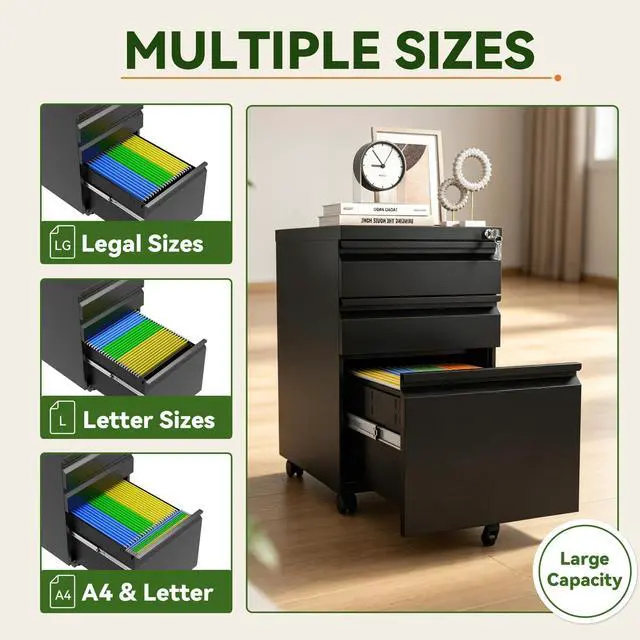 Alt view image 5 of 7 - 3 Drawer Mobile File Cabinet Fully Assembled, Black | 15"W x 17"D x 24"H, Vertical Locking Filing Cabinet, Steel Under Desk Storage, for Home Office, Fit Letter/Legal/A4
