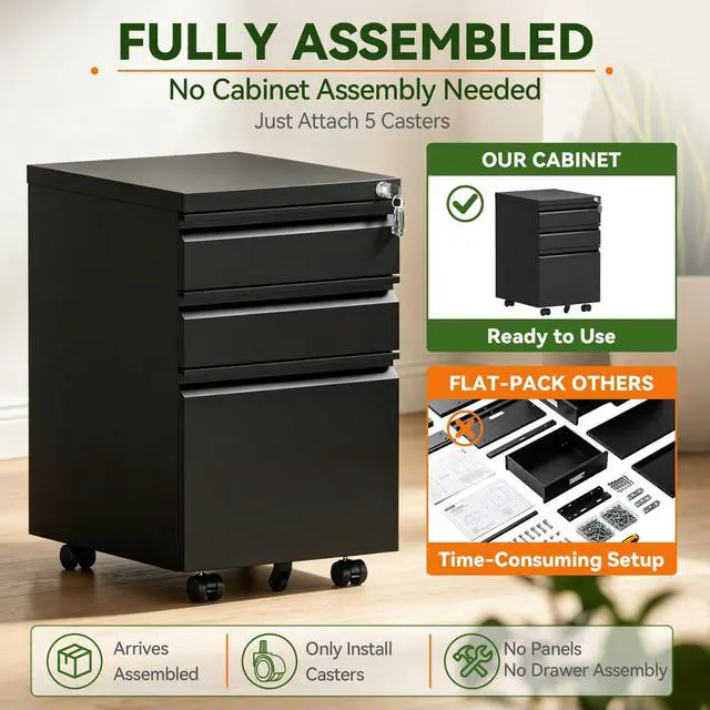 Alt view image 6 of 7 - 3 Drawer Mobile File Cabinet Fully Assembled, Black | 15"W x 17"D x 24"H, Vertical Locking Filing Cabinet, Steel Under Desk Storage, for Home Office, Fit Letter/Legal/A4