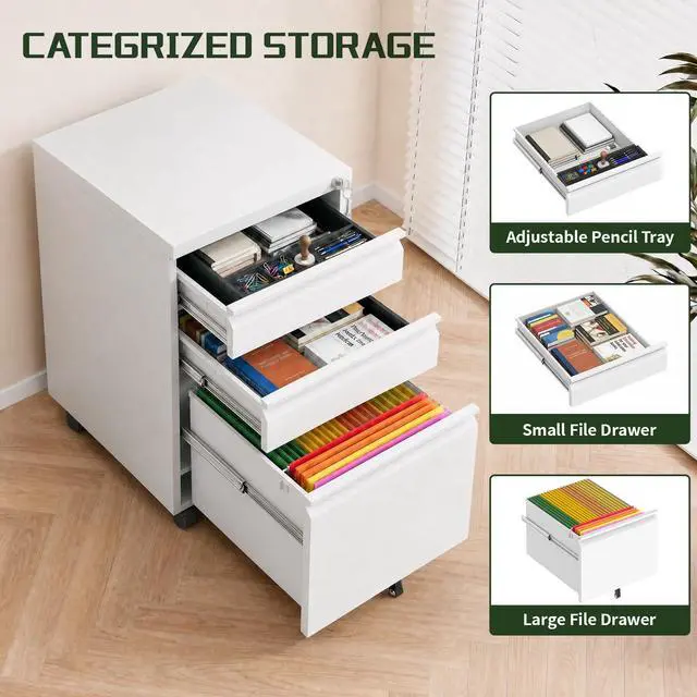 Alt view image 4 of 7 - 3 Drawer Rolling File Cabinet with Lock & Wheels | Metal Mobile File Cabinet for Home Office, Under Desk Storage, Fully Assembled, Letter, Legal & A4 Files, White
