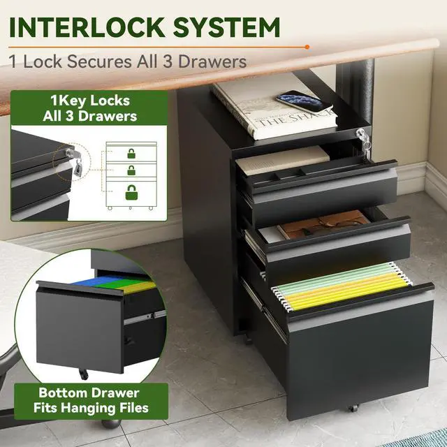 Alt view image 7 of 7 - 3 Drawer Mobile File Cabinet Fully Assembled, Black | 15"W x 17"D x 24"H, Vertical Locking Filing Cabinet, Steel Under Desk Storage, for Home Office, Fit Letter/Legal/A4