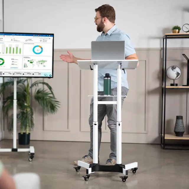 Alt view image 2 of 7 - White Mobile 24 x 16 inch Lectern Podium, CART-V03W | Height Adjustable, Tilting Desktop, Rolling Laptop Cart on Wheels, Steel Design, Holds 44 lbs