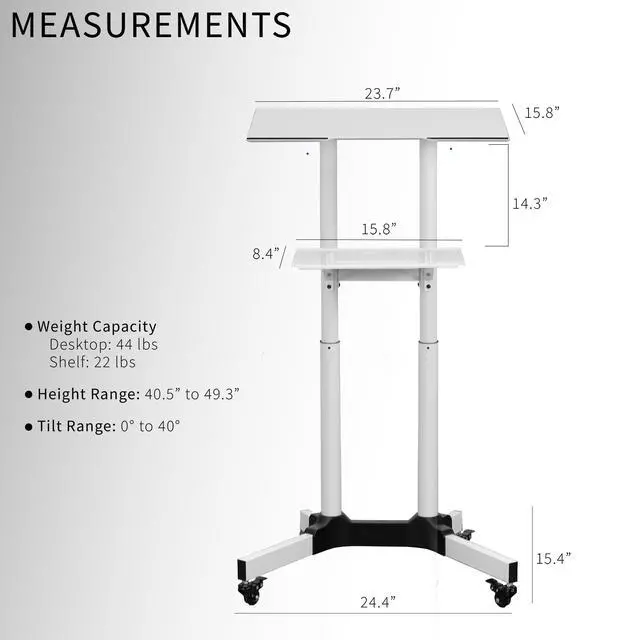 Alt view image 3 of 7 - White Mobile 24 x 16 inch Lectern Podium, CART-V03W | Height Adjustable, Tilting Desktop, Rolling Laptop Cart on Wheels, Steel Design, Holds 44 lbs