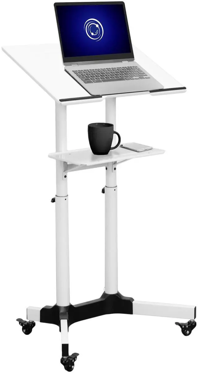 Main image of White Mobile 24 x 16 inch Lectern Podium, CART-V03W | Height Adjustable, Tilting Desktop, Rolling Laptop Cart on Wheels, Steel Design, Holds 44 lbs