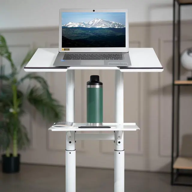 Alt view image 4 of 7 - White Mobile 24 x 16 inch Lectern Podium, CART-V03W | Height Adjustable, Tilting Desktop, Rolling Laptop Cart on Wheels, Steel Design, Holds 44 lbs