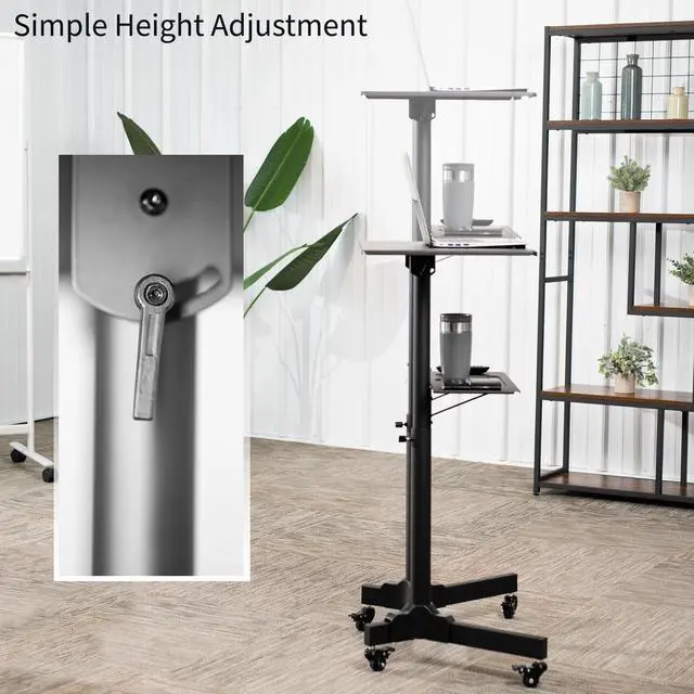 Alt view image 5 of 7 - White Mobile 24 x 16 inch Lectern Podium, CART-V03W | Height Adjustable, Tilting Desktop, Rolling Laptop Cart on Wheels, Steel Design, Holds 44 lbs