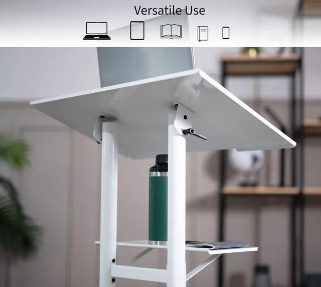 Alt view image 7 of 7 - White Mobile 24 x 16 inch Lectern Podium, CART-V03W | Height Adjustable, Tilting Desktop, Rolling Laptop Cart on Wheels, Steel Design, Holds 44 lbs