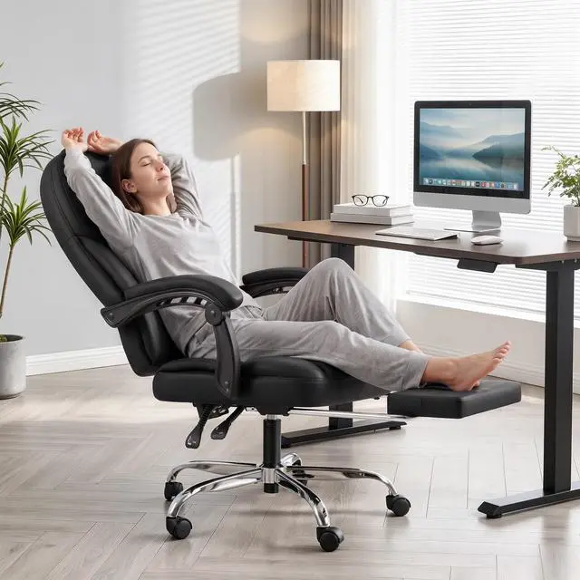 Alt view image 2 of 7 - Massage Office Chair with Foot Rest Executive Big and Tall Office Chair Ergonomic Home Office Desk Chairs, Reclining High Back Leather Chair with Lumbar Support, 400LBS (Black)