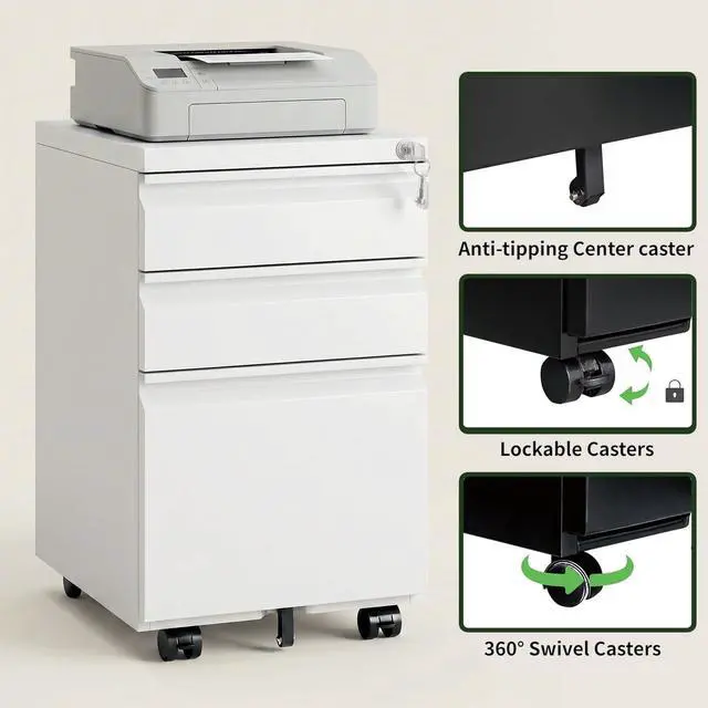 Alt view image 5 of 7 - 3 Drawer Rolling File Cabinet with Lock & Wheels | Metal Mobile File Cabinet for Home Office, Under Desk Storage, Fully Assembled, Letter, Legal & A4 Files, White