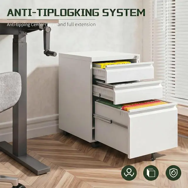 Alt view image 7 of 7 - 3 Drawer Rolling File Cabinet with Lock & Wheels | Metal Mobile File Cabinet for Home Office, Under Desk Storage, Fully Assembled, Letter, Legal & A4 Files, White