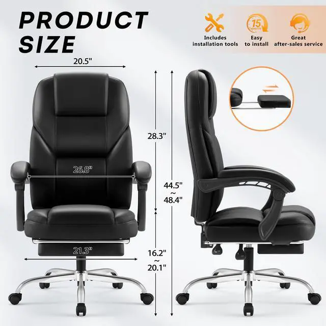 Alt view image 3 of 7 - Massage Office Chair with Foot Rest Executive Big and Tall Office Chair Ergonomic Home Office Desk Chairs, Reclining High Back Leather Chair with Lumbar Support, 400LBS (Black)