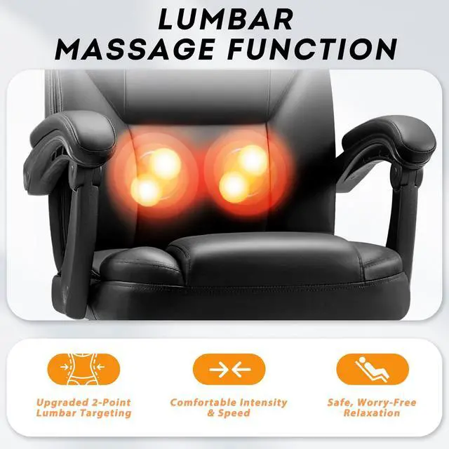 Alt view image 4 of 7 - Massage Office Chair with Foot Rest Executive Big and Tall Office Chair Ergonomic Home Office Desk Chairs, Reclining High Back Leather Chair with Lumbar Support, 400LBS (Black)