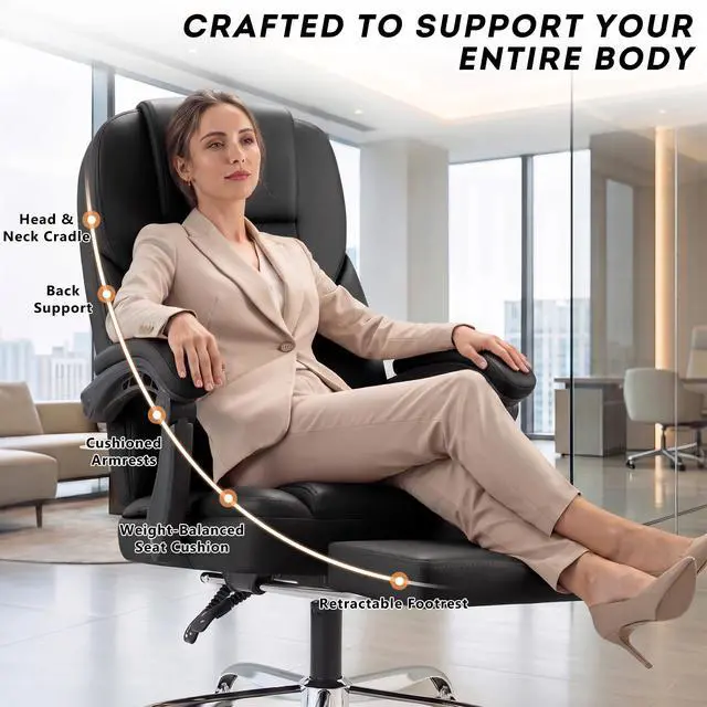 Alt view image 5 of 7 - Massage Office Chair with Foot Rest Executive Big and Tall Office Chair Ergonomic Home Office Desk Chairs, Reclining High Back Leather Chair with Lumbar Support, 400LBS (Black)