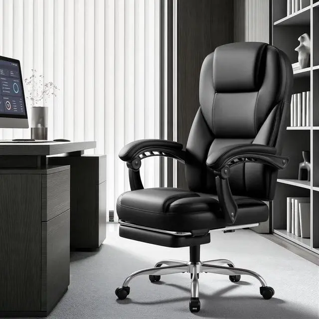 Alt view image 6 of 7 - Massage Office Chair with Foot Rest Executive Big and Tall Office Chair Ergonomic Home Office Desk Chairs, Reclining High Back Leather Chair with Lumbar Support, 400LBS (Black)