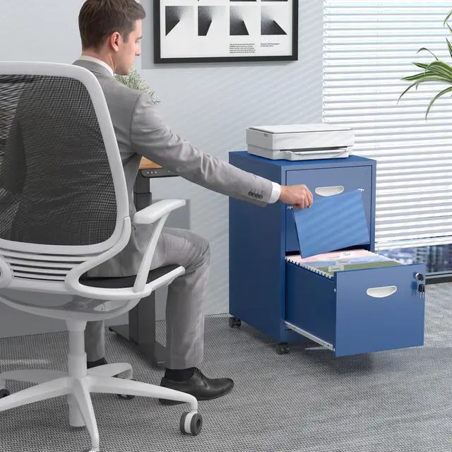 Alt view image 2 of 7 - Metal 2 Drawer File Cabinet with Lock & Wheels for Office, Blue | Small Mobile File Cabinets for Home Office, Under Desk Vertical Rolling File Cabinet Fit Hanging Files, Letter & A4 Documents