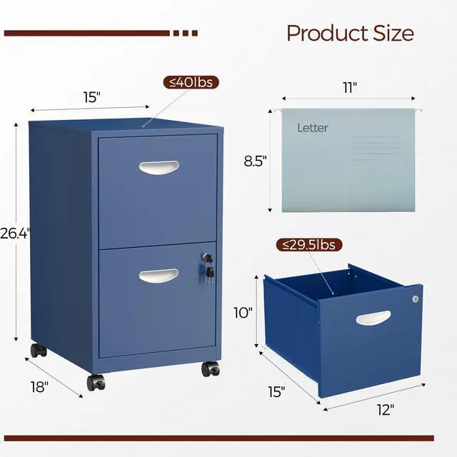 Alt view image 3 of 7 - Metal 2 Drawer File Cabinet with Lock & Wheels for Office, Blue | Small Mobile File Cabinets for Home Office, Under Desk Vertical Rolling File Cabinet Fit Hanging Files, Letter & A4 Documents