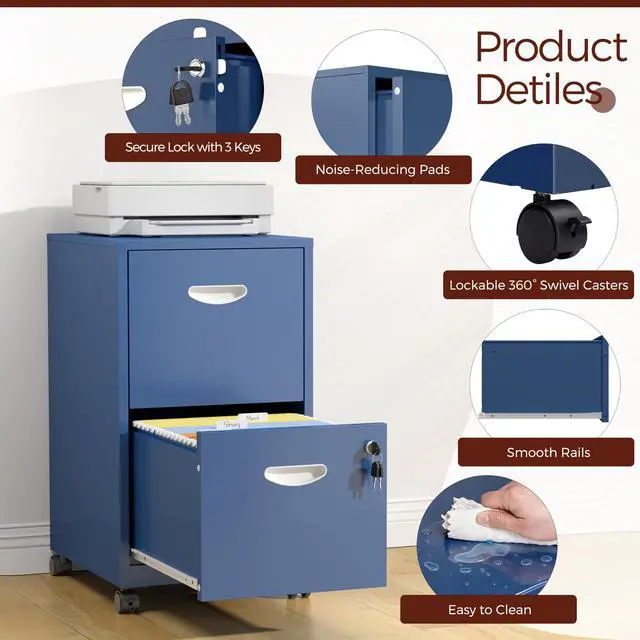 Alt view image 4 of 7 - Metal 2 Drawer File Cabinet with Lock & Wheels for Office, Blue | Small Mobile File Cabinets for Home Office, Under Desk Vertical Rolling File Cabinet Fit Hanging Files, Letter & A4 Documents
