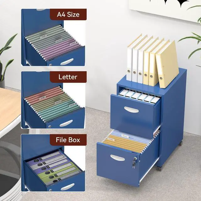 Alt view image 5 of 7 - Metal 2 Drawer File Cabinet with Lock & Wheels for Office, Blue | Small Mobile File Cabinets for Home Office, Under Desk Vertical Rolling File Cabinet Fit Hanging Files, Letter & A4 Documents