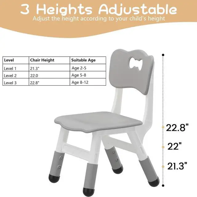 Alt view image 3 of 7 - 4 Pcs Adjustable Kids Chairs - 3 Level Height Adjustable Toddler Chair for Ages 3-8 - Ergonomic Backrest, Durable Plastic, Non-Slip Feet - Home, Kindergarten, Classroom & Activities - Light Gray