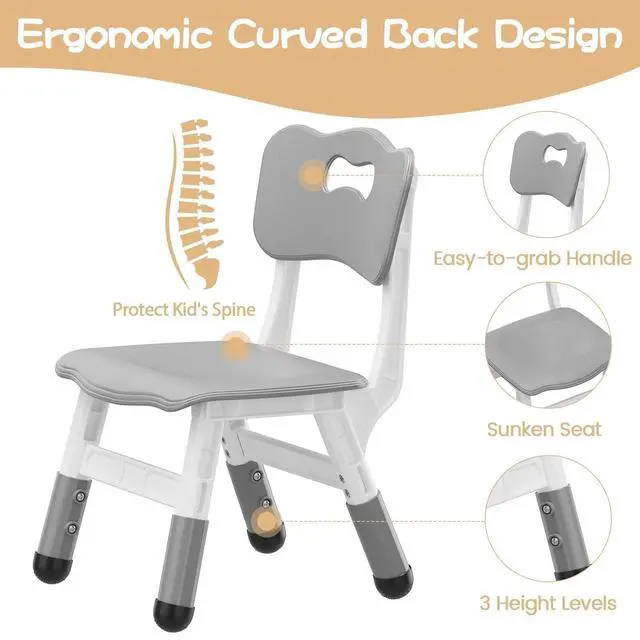 Alt view image 4 of 7 - 4 Pcs Adjustable Kids Chairs - 3 Level Height Adjustable Toddler Chair for Ages 3-8 - Ergonomic Backrest, Durable Plastic, Non-Slip Feet - Home, Kindergarten, Classroom & Activities - Light Gray