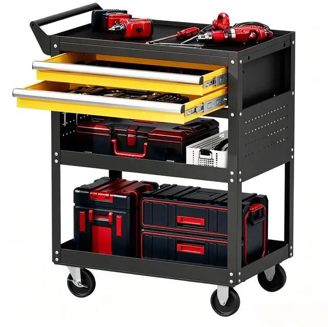 Main image of 5-Tier Heavy Duty Tool Cart, 400 lbs Capacity Steel Rolling Cart with 2 Lockable Drawers and Pegboard for Garage Workshop Mechanic